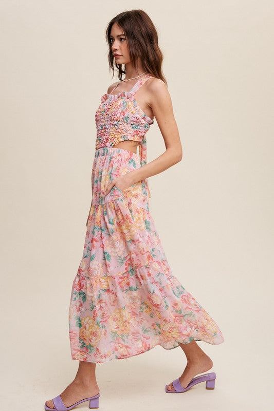 Floral Bubble Textured Two-Piece Style Maxi DressThe Floral Bubble Textured Two-Piece Style Maxi Dress is a charming ensemble that exudes femininity and sophistication. Crafted from chiffon, the maxi dress features