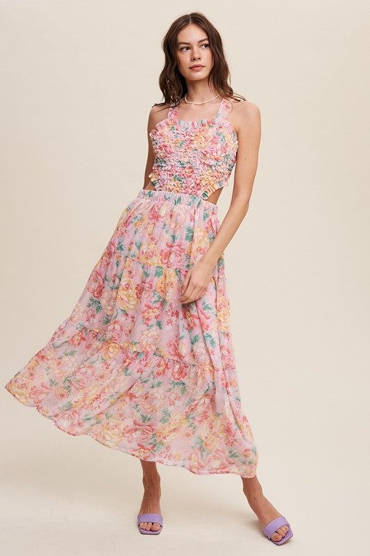 Floral Bubble Textured Two-Piece Style Maxi DressThe Floral Bubble Textured Two-Piece Style Maxi Dress is a charming ensemble that exudes femininity and sophistication. Crafted from chiffon, the maxi dress features