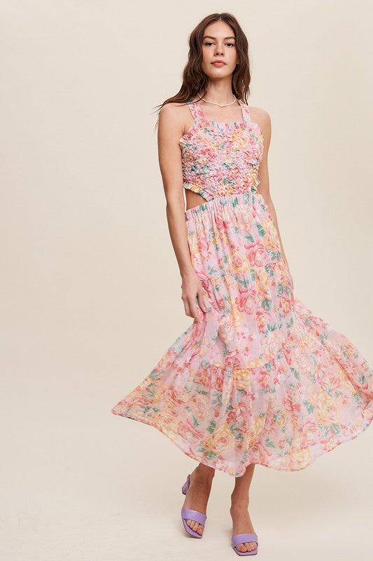 Floral Bubble Textured Two-Piece Style Maxi DressThe Floral Bubble Textured Two-Piece Style Maxi Dress is a charming ensemble that exudes femininity and sophistication. Crafted from chiffon, the maxi dress features