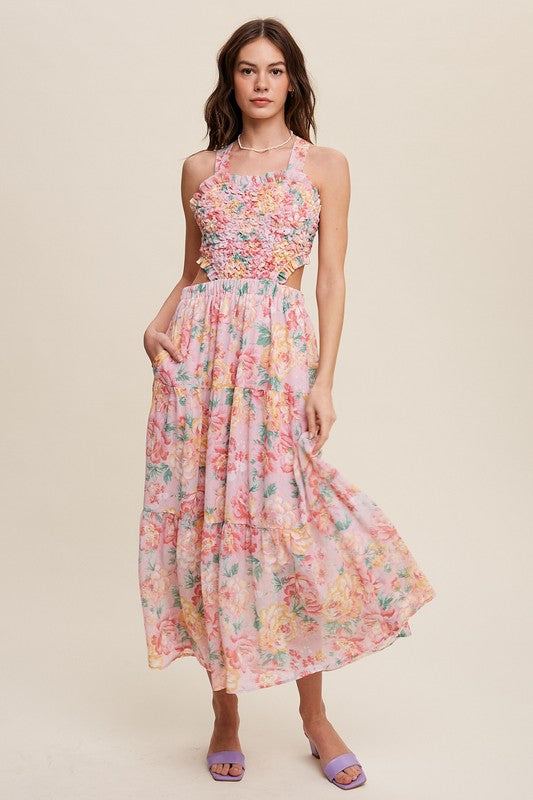 Floral Bubble Textured Two-Piece Style Maxi DressThe Floral Bubble Textured Two-Piece Style Maxi Dress is a charming ensemble that exudes femininity and sophistication. Crafted from chiffon, the maxi dress features