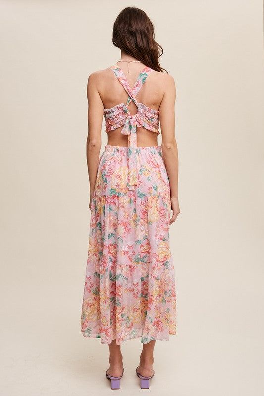 Floral Bubble Textured Two-Piece Style Maxi DressThe Floral Bubble Textured Two-Piece Style Maxi Dress is a charming ensemble that exudes femininity and sophistication. Crafted from chiffon, the maxi dress features