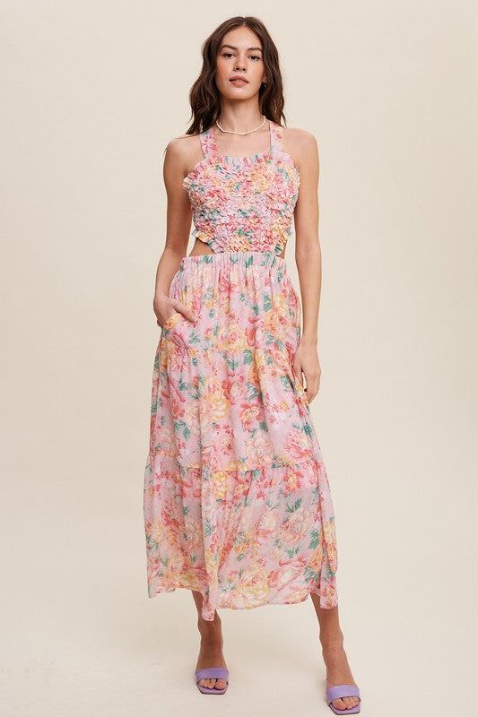 Floral Bubble Textured Two-Piece Style Maxi DressThe Floral Bubble Textured Two-Piece Style Maxi Dress is a charming ensemble that exudes femininity and sophistication. Crafted from chiffon, the maxi dress features