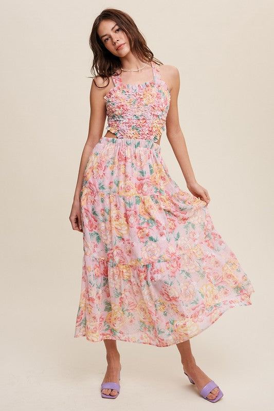 Floral Bubble Textured Two-Piece Style Maxi DressThe Floral Bubble Textured Two-Piece Style Maxi Dress is a charming ensemble that exudes femininity and sophistication. Crafted from chiffon, the maxi dress features