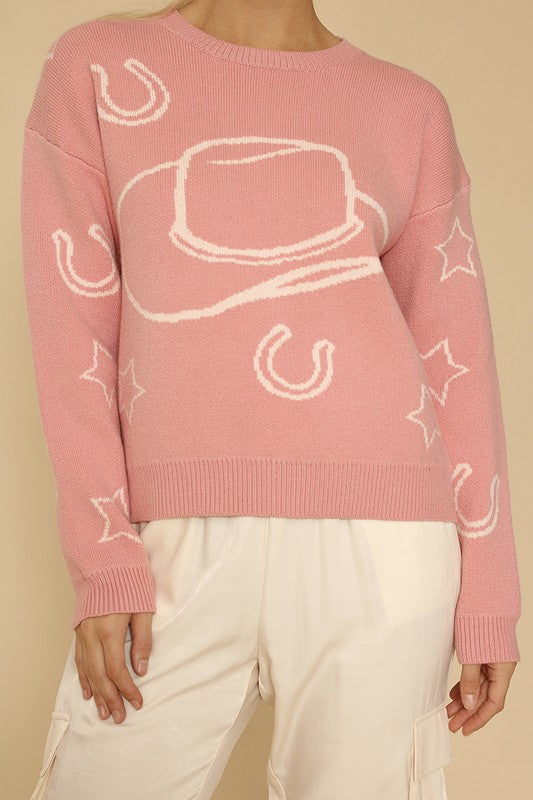 Cowgirl sweater*In-House Design*-Cowboy hats, horseshoes and stars-Round neckline-All original designMade In: China