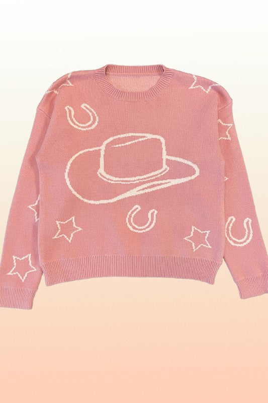 Cowgirl sweater*In-House Design*-Cowboy hats, horseshoes and stars-Round neckline-All original designMade In: China