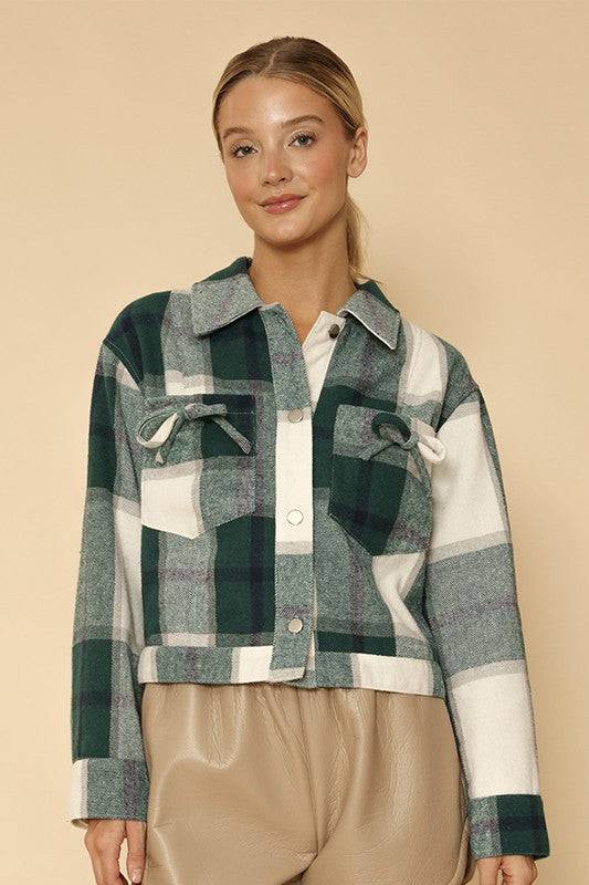 Cropped flannel jacket with bow detailing*In-House Design*-Button front-Cropped-Bow detailing on front pockets-All original designMade In: China