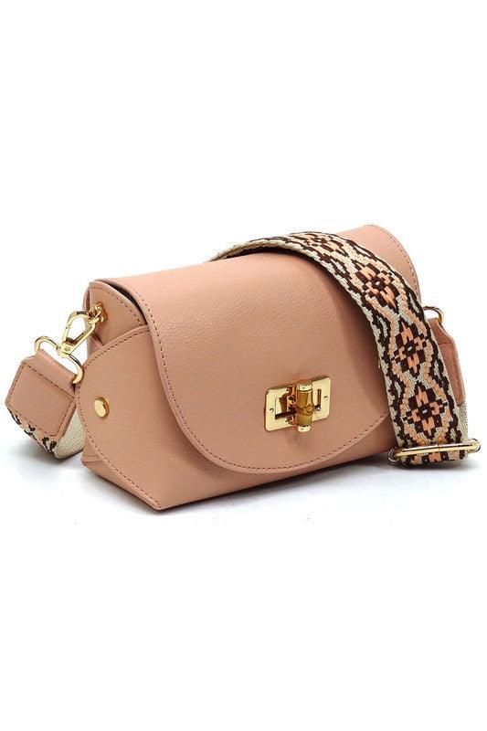 Bamboo Twist Lock Flap Crossbody BagBamboo Twist Lock Flap Crossbody Bag Faux vegan leather Turn-lock closure Gold-tone hardware Detachable shoulder strap (Guitar strap) L 7 * H 4.8 * W 3