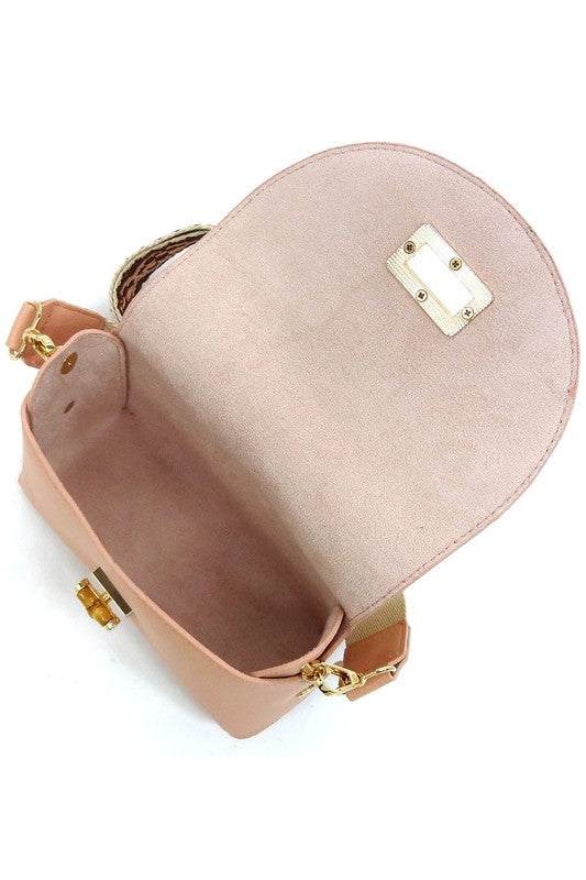 Bamboo Twist Lock Flap Crossbody BagBamboo Twist Lock Flap Crossbody Bag Faux vegan leather Turn-lock closure Gold-tone hardware Detachable shoulder strap (Guitar strap) L 7 * H 4.8 * W 3