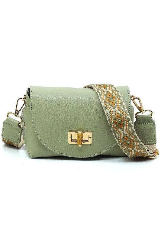 Bamboo Twist Lock Flap Crossbody BagBamboo Twist Lock Flap Crossbody Bag Faux vegan leather Turn-lock closure Gold-tone hardware Detachable shoulder strap (Guitar strap) L 7 * H 4.8 * W 3