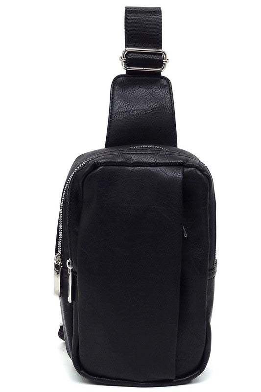 Fashion Sling Bag BackpackFashion Sling Bag Backpack Faux vegan leather Zip top closure Silver-tone hardware Adjustable shoulder strap L 5.5 * H 9.5 * W 2