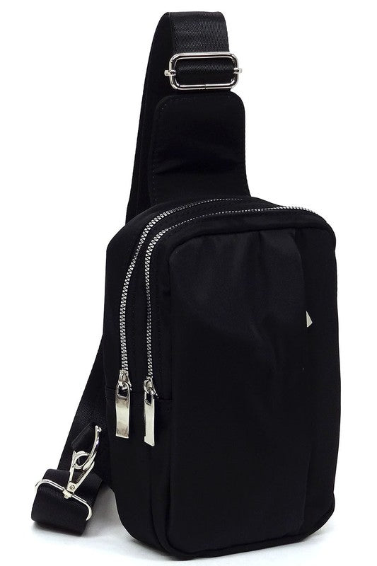 Fashion Nylon Sling Bag BackpackFashion Nylon Sling Bag Backpack Nylon fabric Leather free Zip top closure Silver-tone hardware Adjustable shoulder strap L 5.5 * H 9.5 * W 2