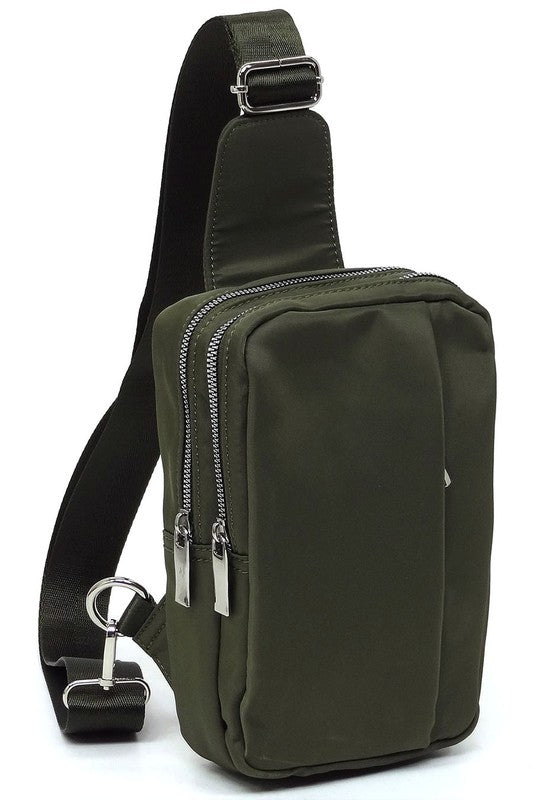 Fashion Nylon Sling Bag BackpackFashion Nylon Sling Bag Backpack Nylon fabric Leather free Zip top closure Silver-tone hardware Adjustable shoulder strap L 5.5 * H 9.5 * W 2