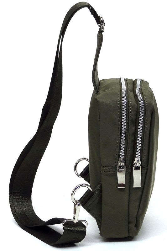 Fashion Nylon Sling Bag BackpackFashion Nylon Sling Bag Backpack Nylon fabric Leather free Zip top closure Silver-tone hardware Adjustable shoulder strap L 5.5 * H 9.5 * W 2