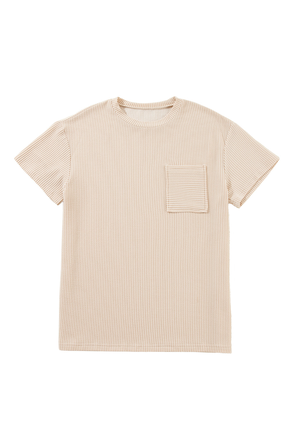 Pink Crinkle Rib Knit Pocketed Loose Fit Crew Neck T ShirtMaterial:75%Polyester+20%Viscose+5%Elastane

• Pink T Shirt offers a charming, feminine touch with its soft pink color and crinkle rib texture, perfect for a casual