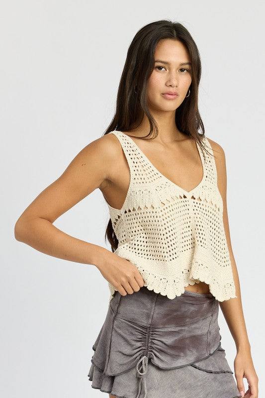 CROCHET SWING CROP TANK TOPSIZE &amp; FIT :MODEL WEARS SIZE SMALLMODEL'S HEIGHT 5'9Made In: IMPORTEDFabric Contents: 100% COTTON