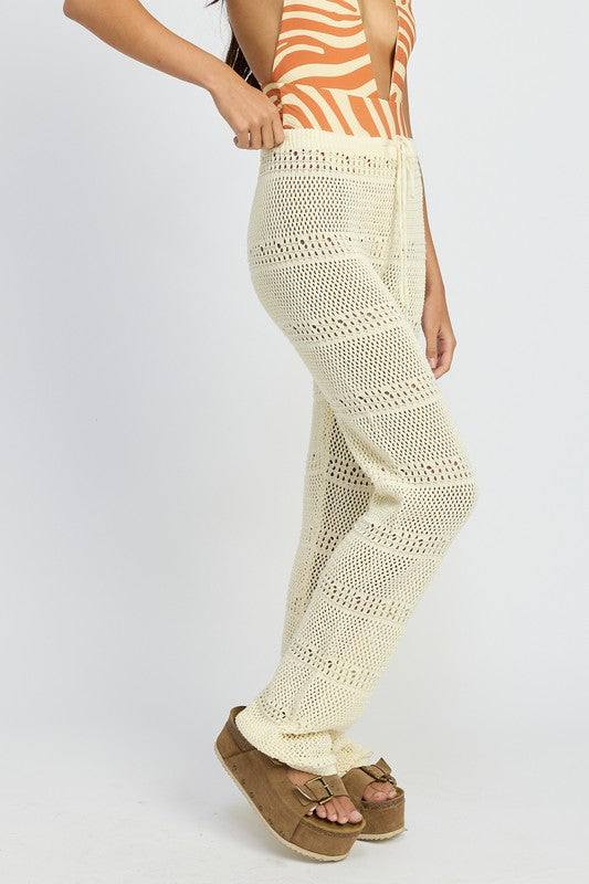 CROCHET PANTS WITH DRAWSTRINGSSIZE &amp; FIT :MODEL WEARS SIZE SMALLMODEL'S HEIGHT 5'9Made In: IMPORTEDFabric Contents: 100% COTTON