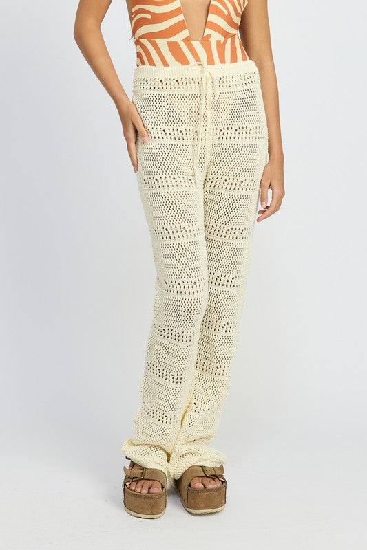 CROCHET PANTS WITH DRAWSTRINGSSIZE &amp; FIT :MODEL WEARS SIZE SMALLMODEL'S HEIGHT 5'9Made In: IMPORTEDFabric Contents: 100% COTTON