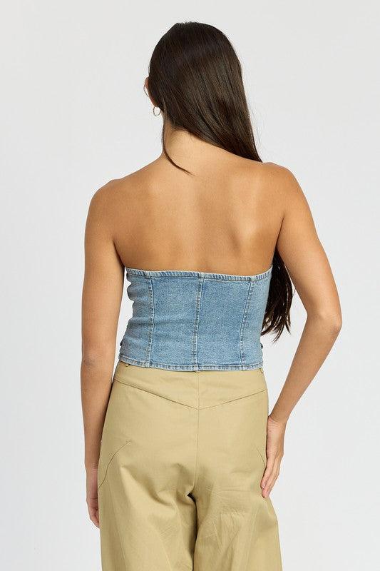 BUTTON FRONT DENIM BUSTIER TOPSIZE &amp; FIT :MODEL WEARS SIZE SMALLMODEL'S HEIGHT 5'9Made In: IMPORTEDFabric Contents: 98% COTTON, 2% SPANDEX