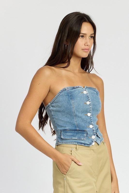 BUTTON FRONT DENIM BUSTIER TOPSIZE &amp; FIT :MODEL WEARS SIZE SMALLMODEL'S HEIGHT 5'9Made In: IMPORTEDFabric Contents: 98% COTTON, 2% SPANDEX