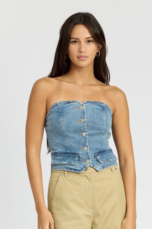 BUTTON FRONT DENIM BUSTIER TOPSIZE &amp; FIT :MODEL WEARS SIZE SMALLMODEL'S HEIGHT 5'9Made In: IMPORTEDFabric Contents: 98% COTTON, 2% SPANDEX