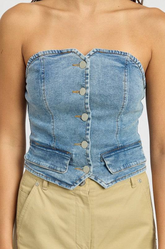 BUTTON FRONT DENIM BUSTIER TOPSIZE &amp; FIT :MODEL WEARS SIZE SMALLMODEL'S HEIGHT 5'9Made In: IMPORTEDFabric Contents: 98% COTTON, 2% SPANDEX