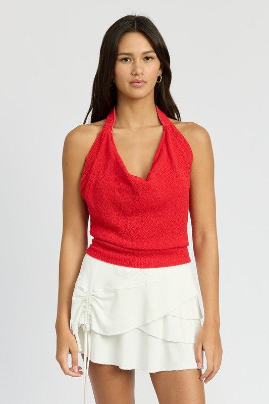 COWL NECK HALTER TOPSIZE &amp; FIT :MODEL WEARS SIZE SMALLMODEL'S HEIGHT 5'9Made In: IMPORTEDFabric Contents: 40% ACRYLIC, 40% POLYESTER, 20% ARTIFICIAL HMP