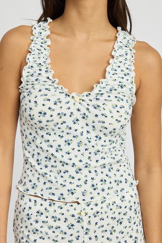 PRINTED KNIT TANK TOP WITH RUFFLESIZE &amp; FIT :MODEL WEARS SIZE SMALLMODEL'S HEIGHT 5'9Made In: USA