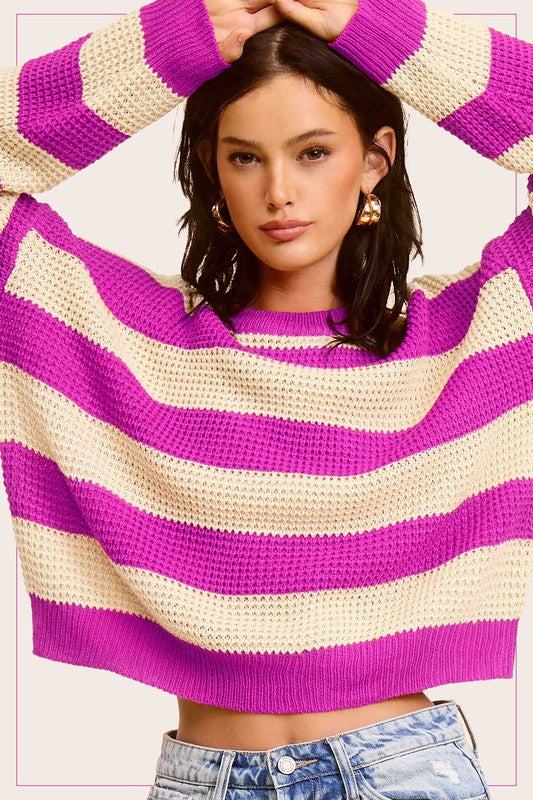 Striped Round Neck Loose Fit SweaterStylish pullover you would love to be in all day. Featured in a striped knit fabrication with long sleeve, round neckline and a loose fit. Match with any bottoms suc