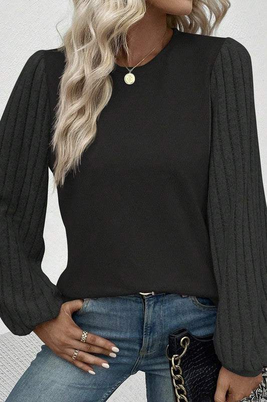 Women Contrast Ribbed Bishop Sleeve TopThis knit top features a unique ribbed texture that adds a touch of sophistication to your lookThe bishop sleeves create a dramatic silhouette that adds a stylish el