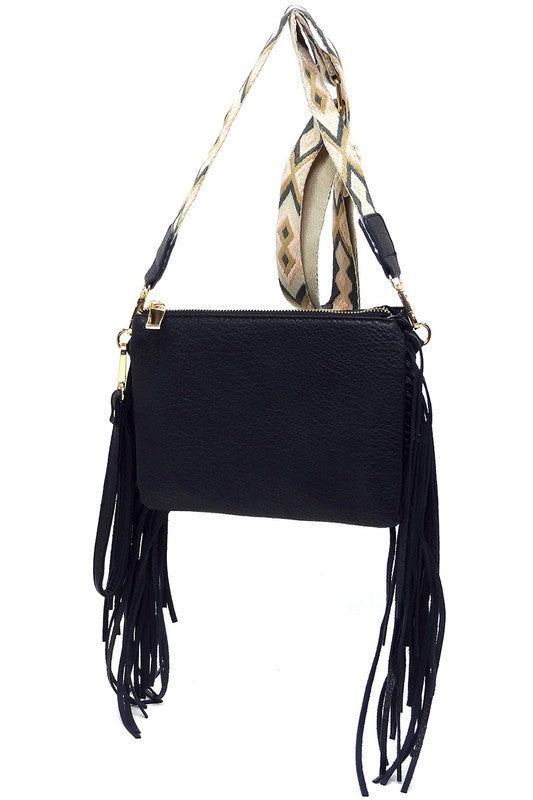 Aztec Guitar Strap Fringe Clutch Crossbody BagAztec Guitar Strap Fringe Clutch Crossbody Bag Faux vegan leather Zip top closure Gold-tone hardware Detachable shoulder strap L 8.5 * H 6 * W 3