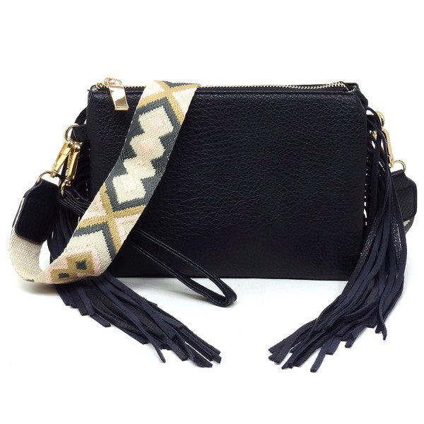 Aztec Guitar Strap Fringe Clutch Crossbody BagAztec Guitar Strap Fringe Clutch Crossbody Bag Faux vegan leather Zip top closure Gold-tone hardware Detachable shoulder strap L 8.5 * H 6 * W 3