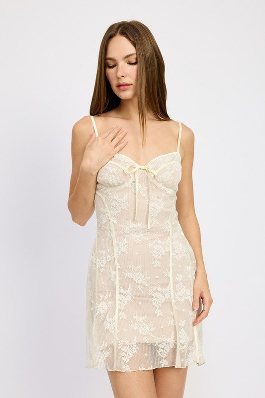 SPAGHETTI STRAP LACE MINI DRESSSIZE &amp; FIT :MODEL WEARS SIZE SMALLMODEL'S HEIGHT 5'9Made In: IMPORTEDFabric Contents: 100% POLYESTERCONTRAST: 95% POLYESTER, 5% SPANDEXLINING: 100% POLYESTER