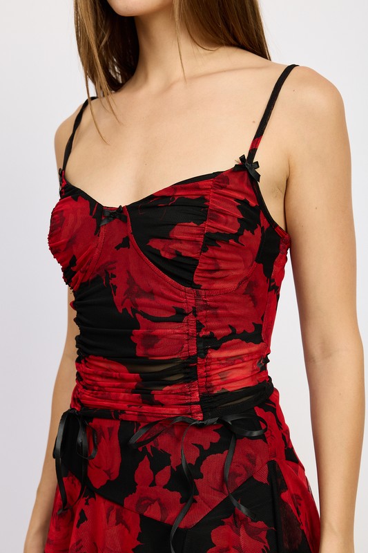 FLORAL RUCHED CORSET TOPSIZE &amp; FIT :MODEL WEARS SIZE SMALLMODEL'S HEIGHT 5'9Made In: USA