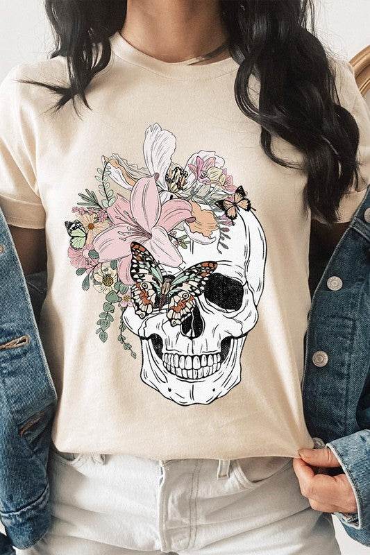 Floral Skull Graphic TeeFloral Skull Graphic Tee.Unisex Crew Neck Short Sleeve Tees.Crafted from premium materials, tailored to your lifestyle, ensuring a comfortable fit for any occasion.F