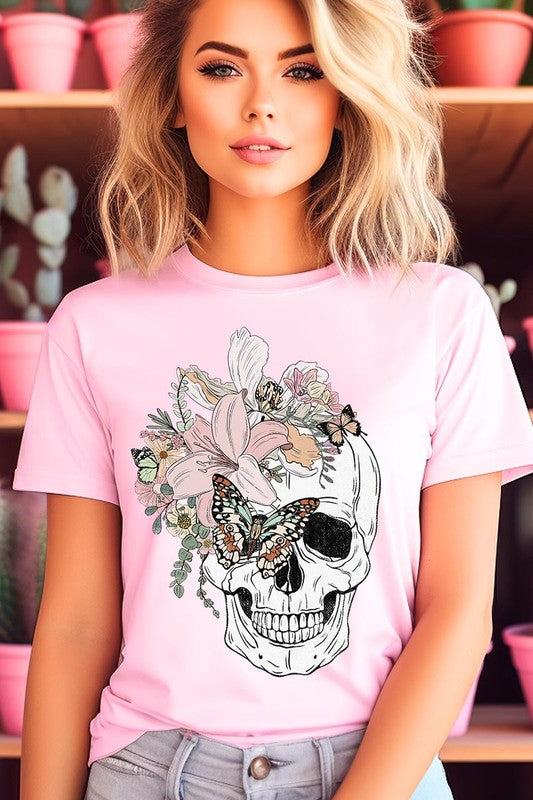 Floral Skull Graphic TeeFloral Skull Graphic Tee.Unisex Crew Neck Short Sleeve Tees.Crafted from premium materials, tailored to your lifestyle, ensuring a comfortable fit for any occasion.F