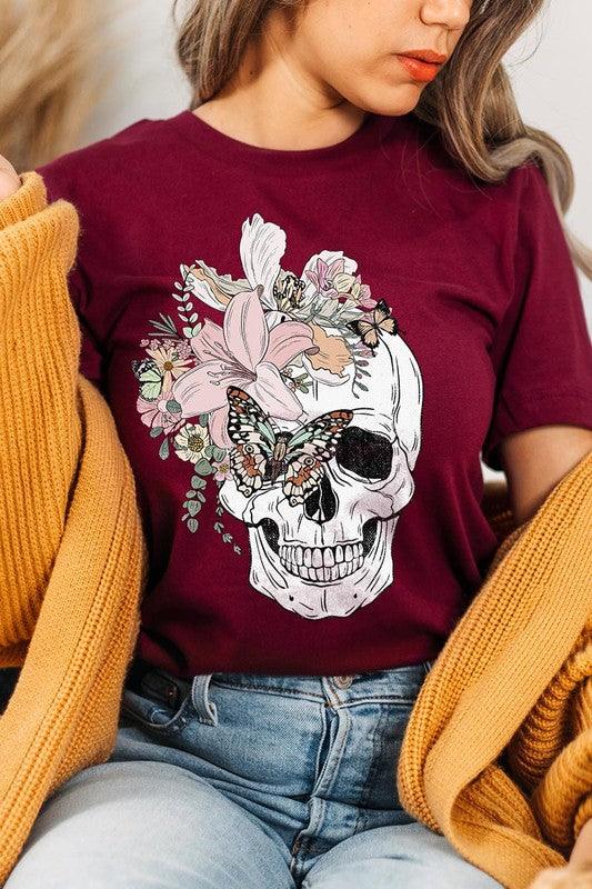 Floral Skull Graphic TeeFloral Skull Graphic Tee.Unisex Crew Neck Short Sleeve Tees.Crafted from premium materials, tailored to your lifestyle, ensuring a comfortable fit for any occasion.F