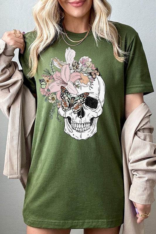 Floral Skull Graphic TeeFloral Skull Graphic Tee.Unisex Crew Neck Short Sleeve Tees.Crafted from premium materials, tailored to your lifestyle, ensuring a comfortable fit for any occasion.F