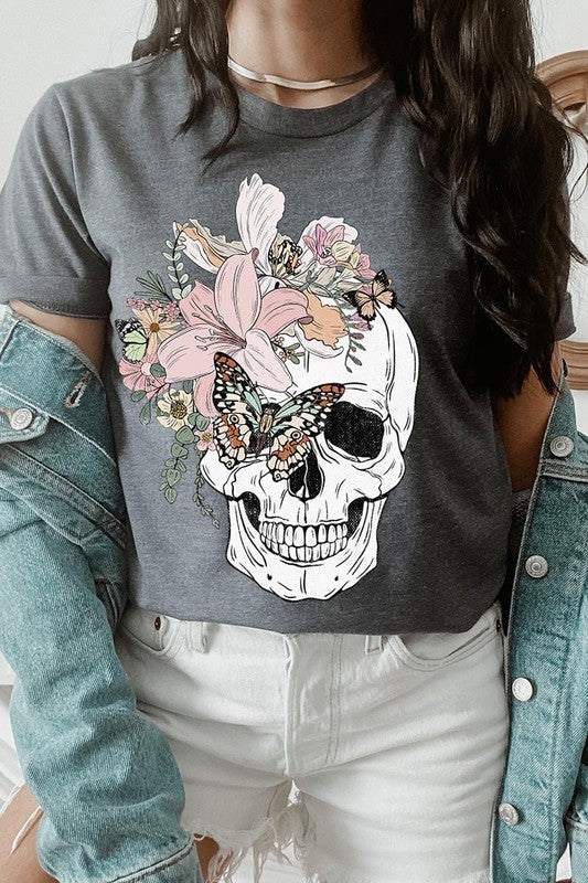 Floral Skull Graphic TeeFloral Skull Graphic Tee.Unisex Crew Neck Short Sleeve Tees.Crafted from premium materials, tailored to your lifestyle, ensuring a comfortable fit for any occasion.F