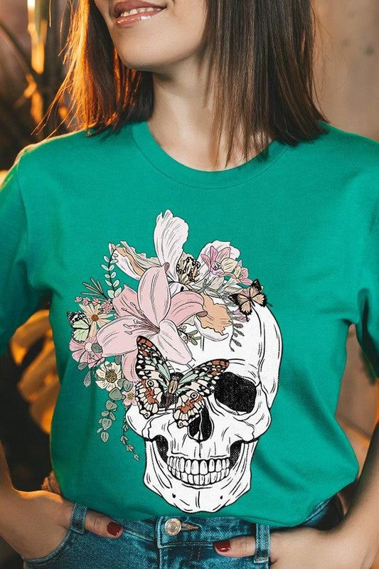 Floral Skull Graphic TeeFloral Skull Graphic Tee.Unisex Crew Neck Short Sleeve Tees.Crafted from premium materials, tailored to your lifestyle, ensuring a comfortable fit for any occasion.F