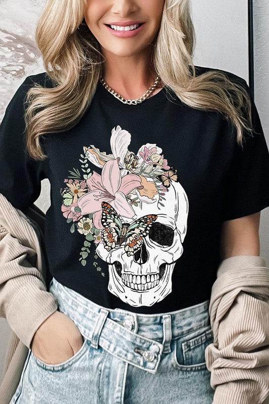 Floral Skull Graphic TeeFloral Skull Graphic Tee.Unisex Crew Neck Short Sleeve Tees.Crafted from premium materials, tailored to your lifestyle, ensuring a comfortable fit for any occasion.F