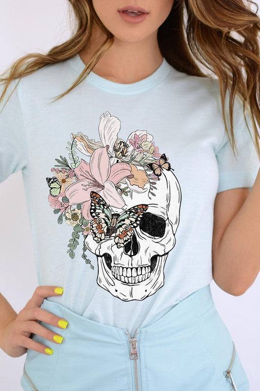 Floral Skull Graphic TeeFloral Skull Graphic Tee.Unisex Crew Neck Short Sleeve Tees.Crafted from premium materials, tailored to your lifestyle, ensuring a comfortable fit for any occasion.F