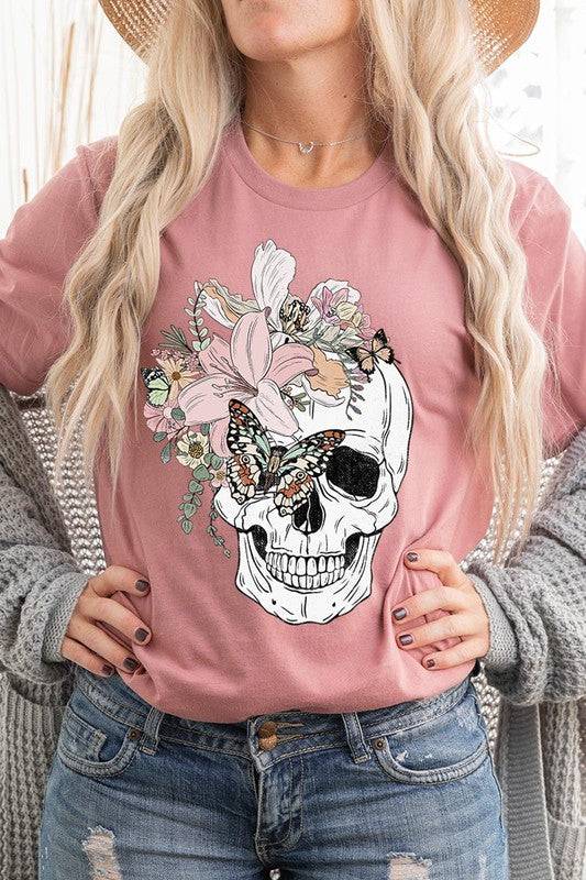 Floral Skull Graphic TeeFloral Skull Graphic Tee.Unisex Crew Neck Short Sleeve Tees.Crafted from premium materials, tailored to your lifestyle, ensuring a comfortable fit for any occasion.F