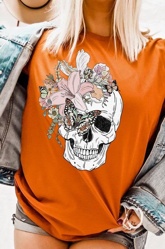 Floral Skull Graphic TeeFloral Skull Graphic Tee.Unisex Crew Neck Short Sleeve Tees.Crafted from premium materials, tailored to your lifestyle, ensuring a comfortable fit for any occasion.F