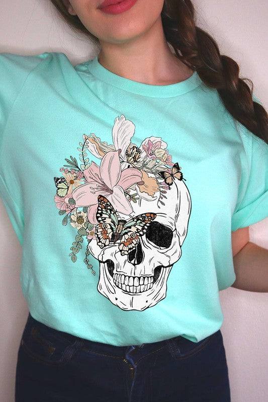 Floral Skull Graphic TeeFloral Skull Graphic Tee.Unisex Crew Neck Short Sleeve Tees.Crafted from premium materials, tailored to your lifestyle, ensuring a comfortable fit for any occasion.F