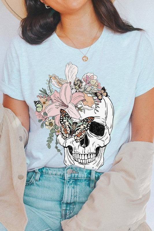 Floral Skull Graphic TeeFloral Skull Graphic Tee.Unisex Crew Neck Short Sleeve Tees.Crafted from premium materials, tailored to your lifestyle, ensuring a comfortable fit for any occasion.F