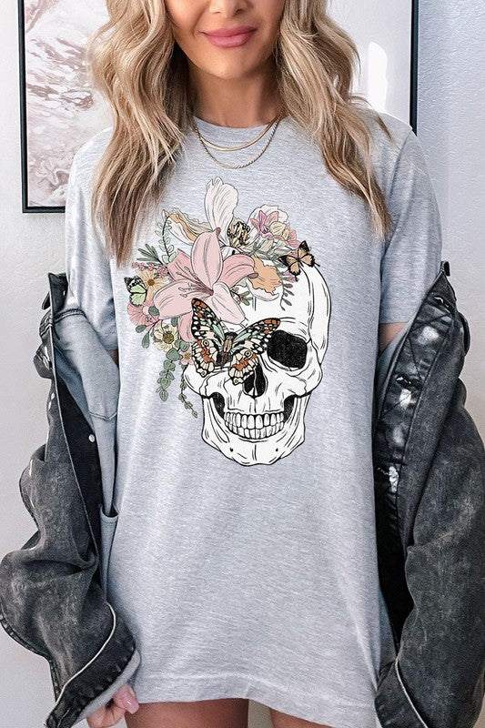 Floral Skull Graphic TeeFloral Skull Graphic Tee.Unisex Crew Neck Short Sleeve Tees.Crafted from premium materials, tailored to your lifestyle, ensuring a comfortable fit for any occasion.F