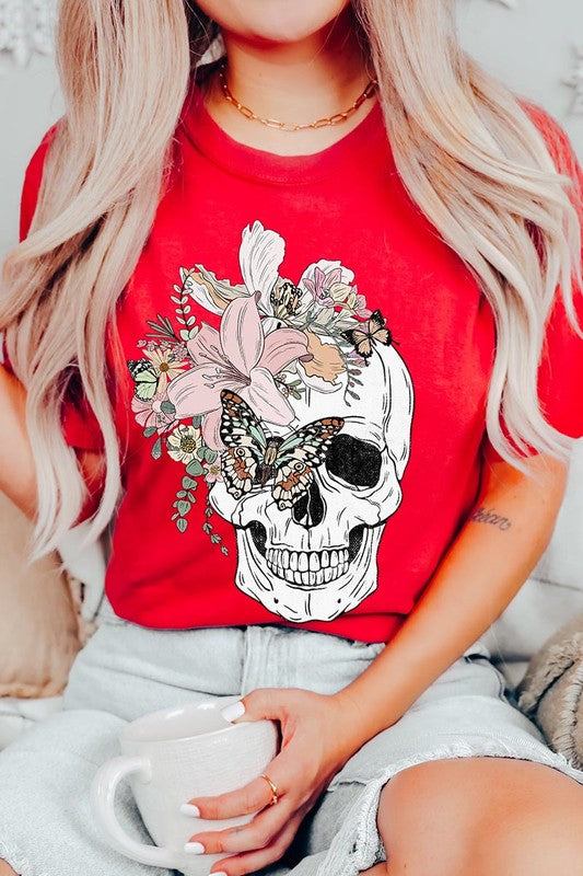 Floral Skull Graphic TeeFloral Skull Graphic Tee.Unisex Crew Neck Short Sleeve Tees.Crafted from premium materials, tailored to your lifestyle, ensuring a comfortable fit for any occasion.F