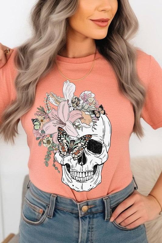 Floral Skull Graphic TeeFloral Skull Graphic Tee.Unisex Crew Neck Short Sleeve Tees.Crafted from premium materials, tailored to your lifestyle, ensuring a comfortable fit for any occasion.F