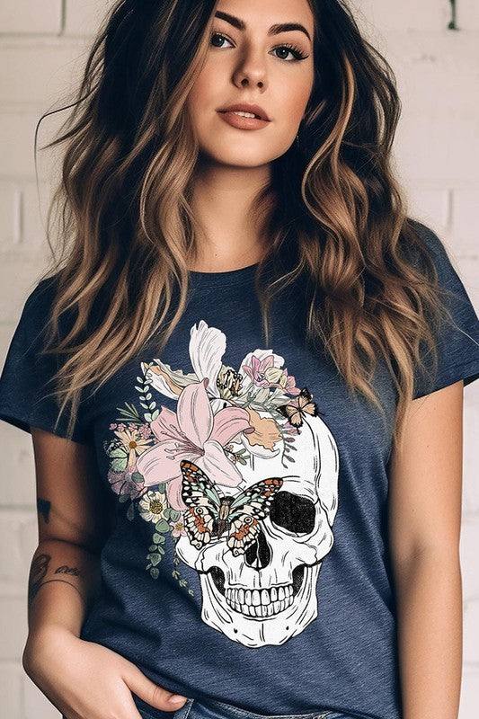 Floral Skull Graphic TeeFloral Skull Graphic Tee.Unisex Crew Neck Short Sleeve Tees.Crafted from premium materials, tailored to your lifestyle, ensuring a comfortable fit for any occasion.F