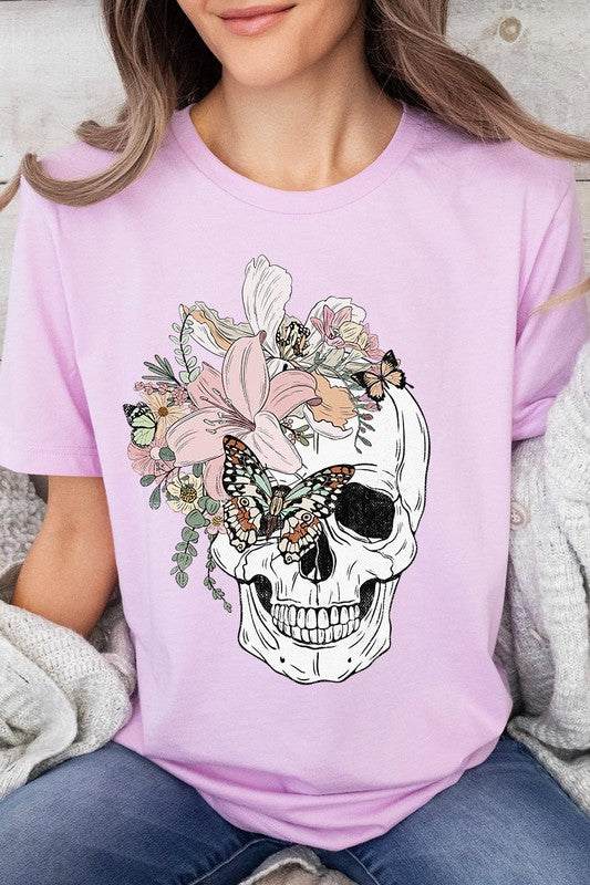 Floral Skull Graphic TeeFloral Skull Graphic Tee.Unisex Crew Neck Short Sleeve Tees.Crafted from premium materials, tailored to your lifestyle, ensuring a comfortable fit for any occasion.F